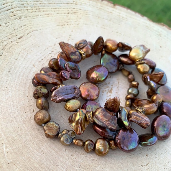 Natural Brown & Copper Cultured Baroque High Luster Freshwater Pearl Bracelets - Picture 11 of 15